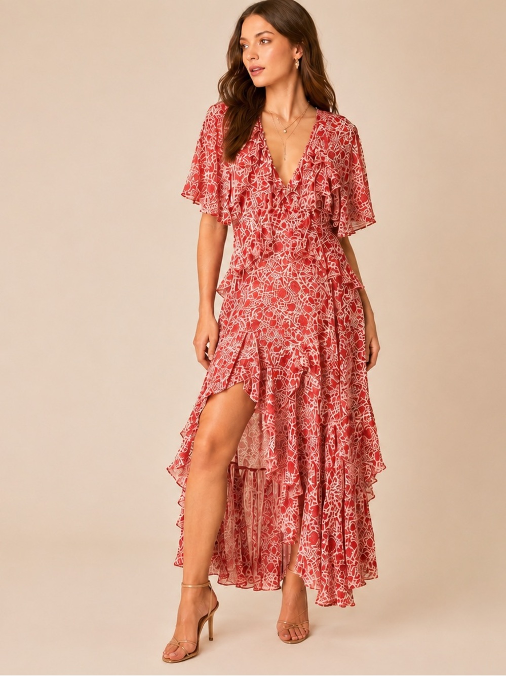 Misa Los Angeles Red Floral Tiered High-Low Maxi Dress